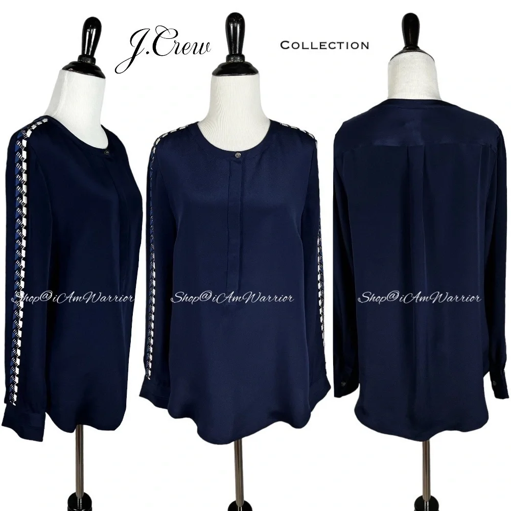 J.Crew Collection NWT rare navy silk embellished sleeve blouse *shop@iamwarrior